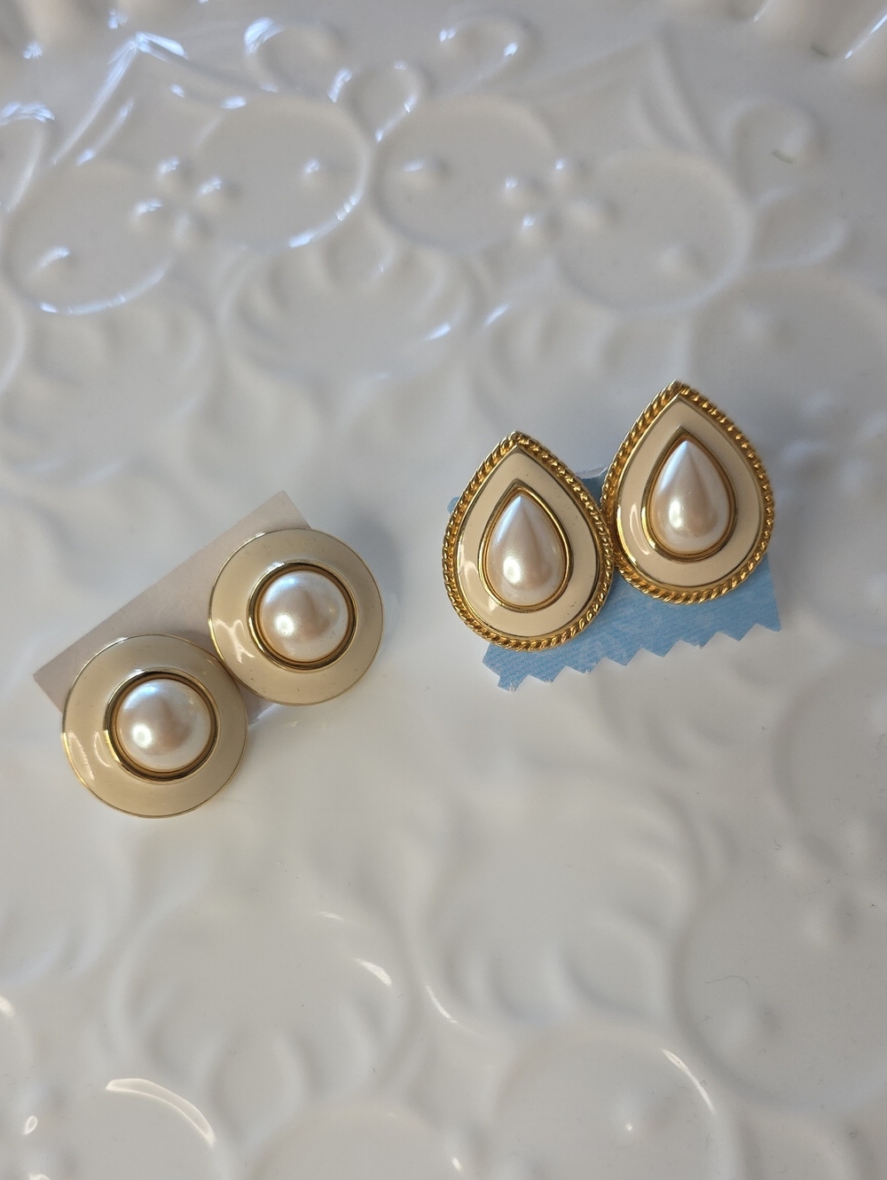 Vintage Monet Cream Gold -Accent Earrings - Elegant Teardrop and Round Set